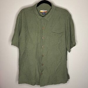 Havana Jack's Cafe Olive Green 100% Silk Palm‎ Leaf Tropical Shirt Men's Large
